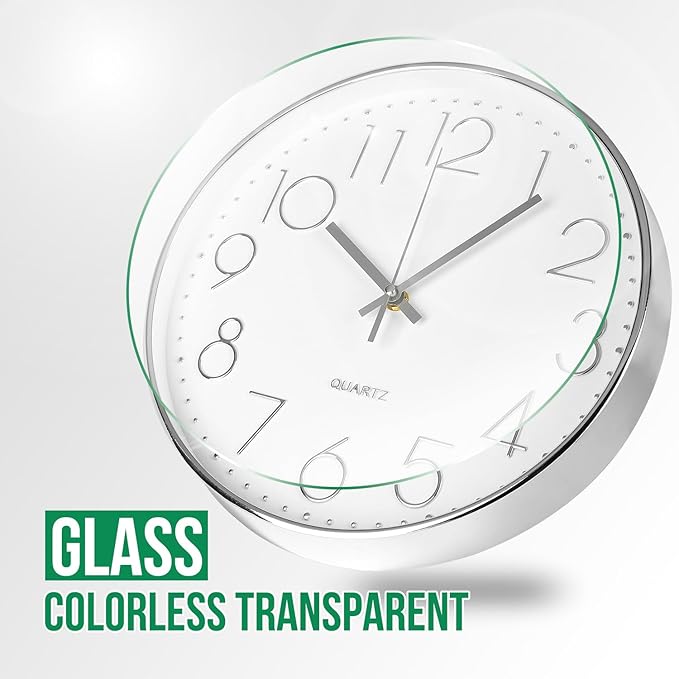 Wall Clock Non-Ticking Silent Modern Simple Style Round Decor Clock Stereoscopic Dial Quartz Wall Clocks for Home/Office/School/Living Room/Bedroom/Kitchen (Silver, 8inch)