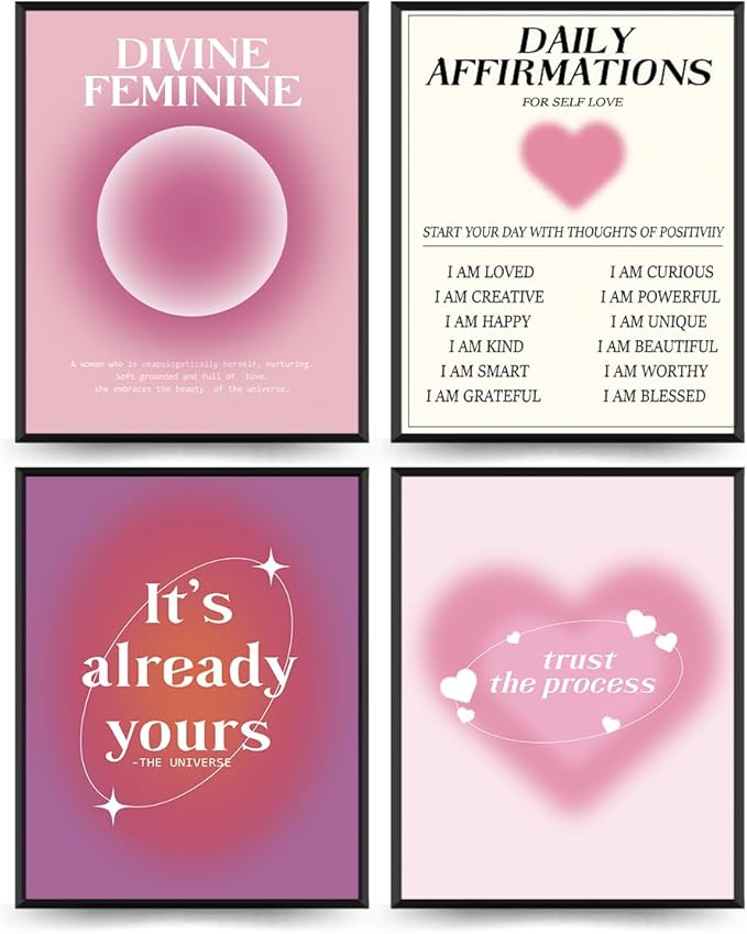 PLKMN Daily Affirmations Poster Set of 4, Y2K Pink Aura Energy Prints, Motivational Wall Decor for Girls Bedroom, Dorm Art, 8x10 Inch, Unframed