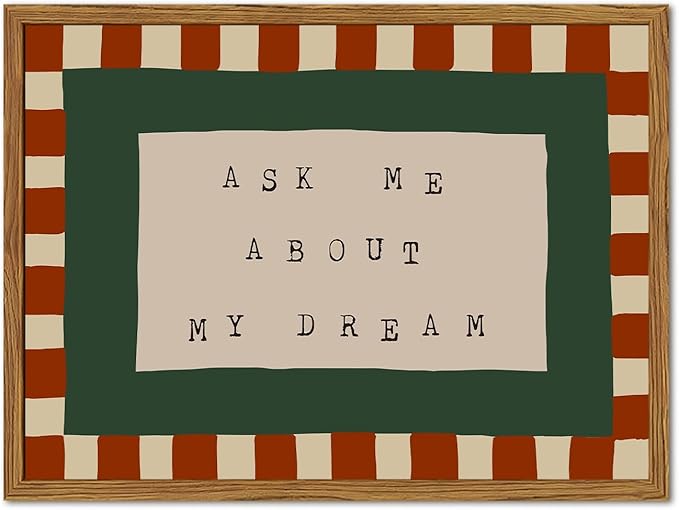 Framed Ask Me About My Dream Wall Art, Retro Red Green Checkered Pictures Wall Decor, Mid Century Modern Minimalist Text Paintings Canvas Prints for Home Living Room Bedroom 12x16 inch