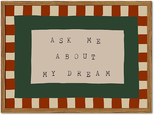 Framed Ask Me About My Dream Wall Art, Retro Red Green Checkered Pictures Wall Decor, Mid Century Modern Minimalist Text Paintings Canvas Prints for Home Living Room Bedroom 12x16 inch