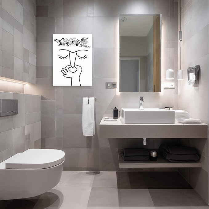 IAFWZX Framed Funny Bathroom Wall Art, Black and White Humor Toilet Wall Decor, Minimalist Face Line with Flower Crown Canvas Painting, Modern Abstract Poster Print for Restroom Bedroom 12"x16"