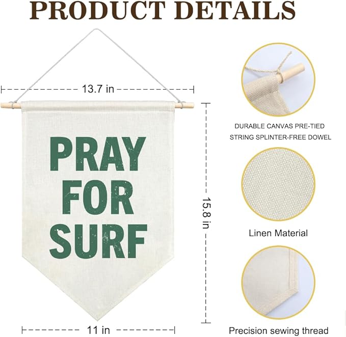 AGMDESIGN Pray For Surf Canvas Hanging Pennant Flag Banner, Surf Decor for Kids Rooms, Home School Kitchen Playroom Kids Room Nursery Flag Decor, Beachy Surfing Lovers Gifts for daughter son brother boyfriend