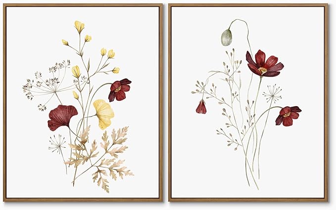 Watercolor Botanical Wall Art Prints Burgundy and Yellow Flower Pictures Wall Decor Colorful Floral Plants Painting Framed Aesthetic Poster for Home Office Kitchen Decoration 2 Pieces Set - 11x14 Inch