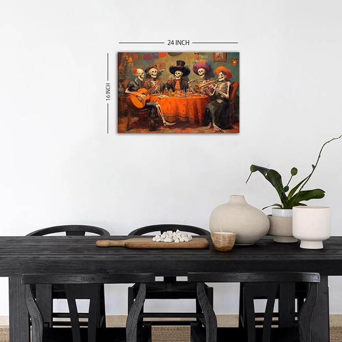 Halloween Canvas Wall Art Skull Wall Decor Skeletons Party Canvas Prints Pictures Mexican Day of the Dead Festival Posters Gothic Painting for Living Room Bedroom Kitchen Home Decorations 16x24"
