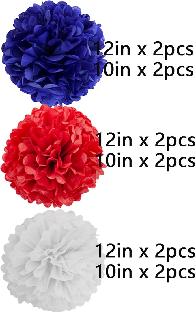 We Moment Red, Blue and White Paper Pom Poms Decorations for 4th Fourth of July，Independence Day Patriotic Decorations, Red Blue and White Ceiling Wall Hanging Tissue Flowers Decorations 12pcs