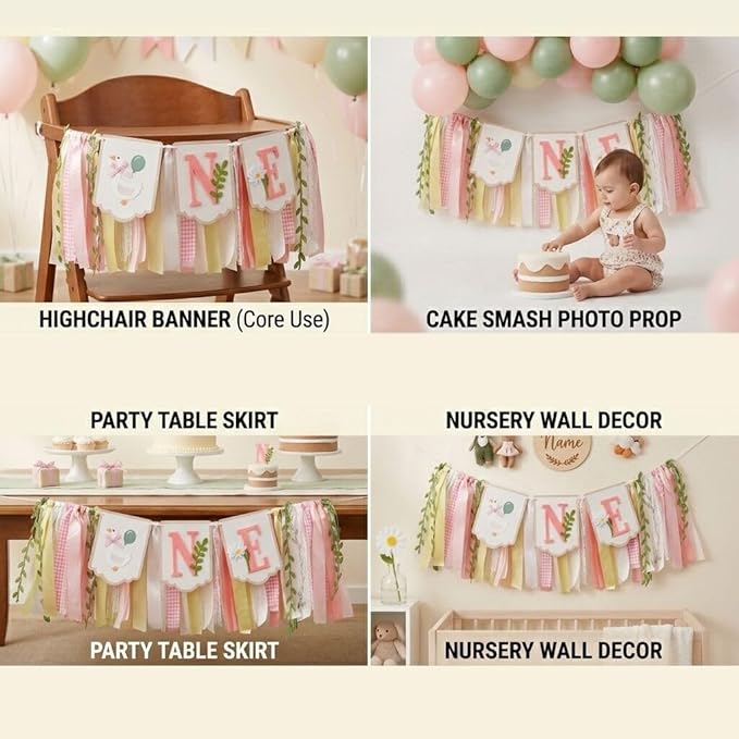 Pre - stung Silly Goose High Chair Banner for Girls1st Birthday - Pink & Gold Baby Girl Cake Smash Cake Smash Props, Premium First Birthday ONE Banner Party Decoration