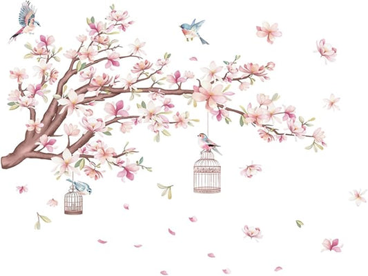 Cherry Blossom Flowers Wall Decals Decor Vinyl Stickers, Magnolia Floral Tree Branch Birds Wall Art Murals, Flower Pattern Wall Stickers for Girls Bedroom Living Room Nursery Decor