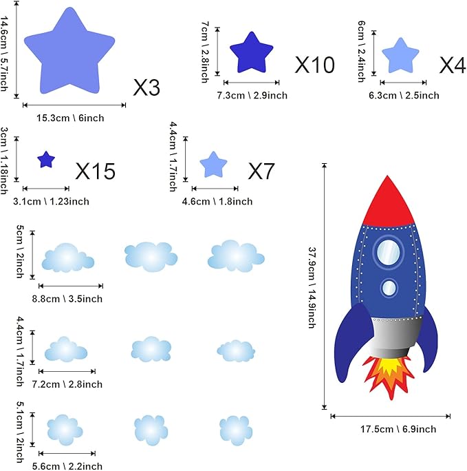Large Rocket and Star Wall Decals, Outer Space Wall Stickers, Peel and Stick Removable Star Sticker, Art Decor for Kids Boys Bedroom Nursery Living Room,Playroom Classroom Decoration