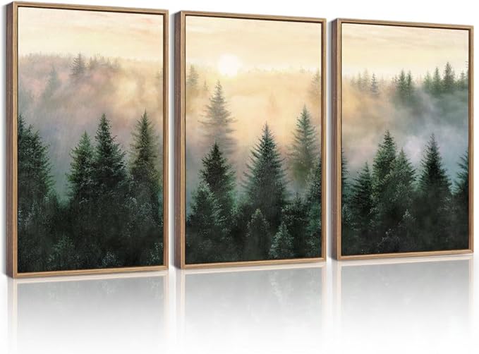Drsoum Green Fog Pine Tree Landscape Wall Art Framed Nature Misty Nordic Forests Prints Morden Farmhouse Rustic Artwork Hallway Bedroom Ready to Hang 16x24in Natural Framed