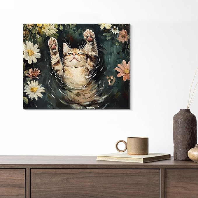 Aesthetic Sleeping Cat Wall Art Decor Cat on Lily Pond Cute Canvas Print Poster Framed Painting for Home Living Room Bedroom Wall Decor 8x10 Inch