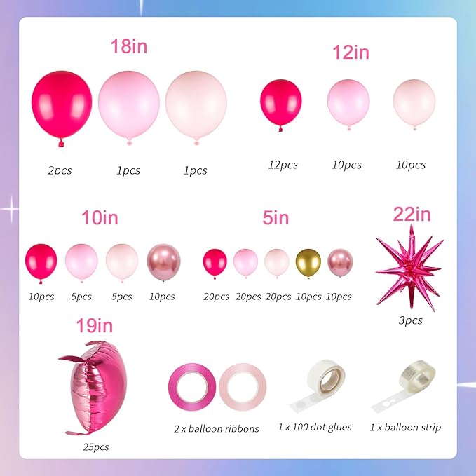 149pcs Pink and Gold Balloons Arch Kit - 25pcs Double Sided Hot Pink Flat Square Foil Balloons Wall Backdrop for Anniversary Bachelorette Birthday Valentines Day Party Decoration
