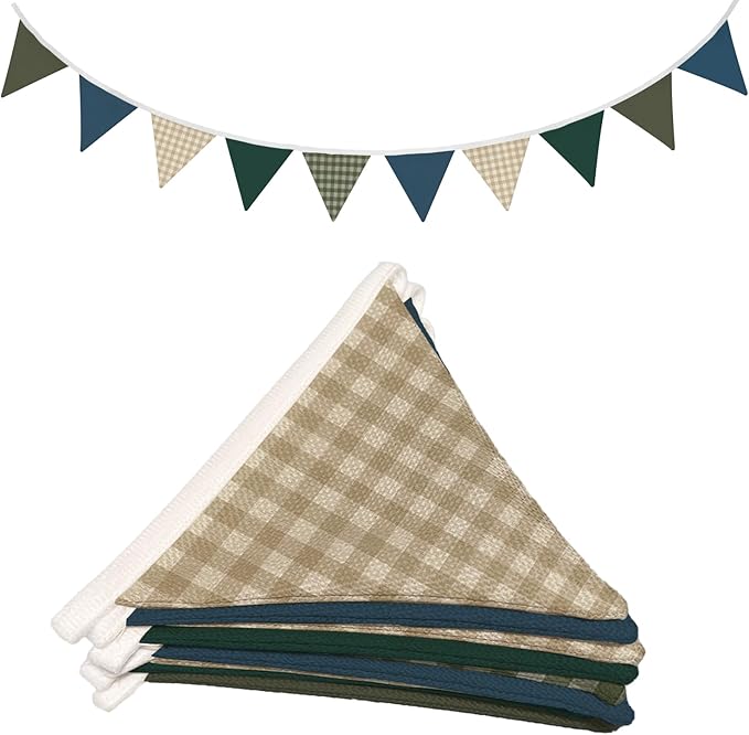 Lacama Boys Toddler Room Playroom Nursery Decor,Garland Triangle Banners Blue Grey, Vintage Warm Neutral Plaid Design Pennant Banner Bunting Flags Fabric for Baby Shower Birthday Party Decorations