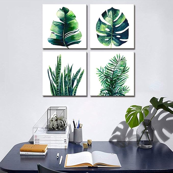 YOOOAHU Green Leaf Wall Art Room Decor Bathroom Bedroom Home Decoration Watercolor Painting Pictures Framed Canvas Prints Boho Tropical Plant Leaves Monstera Botanical White Set of 4 Pcs 24 × 24 Inch