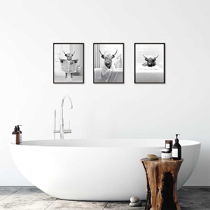 KBKBART Funny Highland Cow Wall Art Set of 3, Rustic Farmhouse Bathroom Cow Pictures Wall Decor Painting, Brown Cute Cow Animal Canvas Posters Prints for Bathroom Restroom Home Decor Framed 8x10 Inch