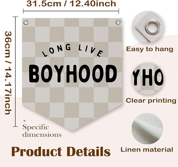 Lacama Long Live Boyhood Banner Boys Room Decor, Boy Nursery Decor, Brown Checkered Linen Banner Wall Hanging Banner Flag for Boys Bedroom Decor Toddler Boy Room Nursery 12x14 lnch