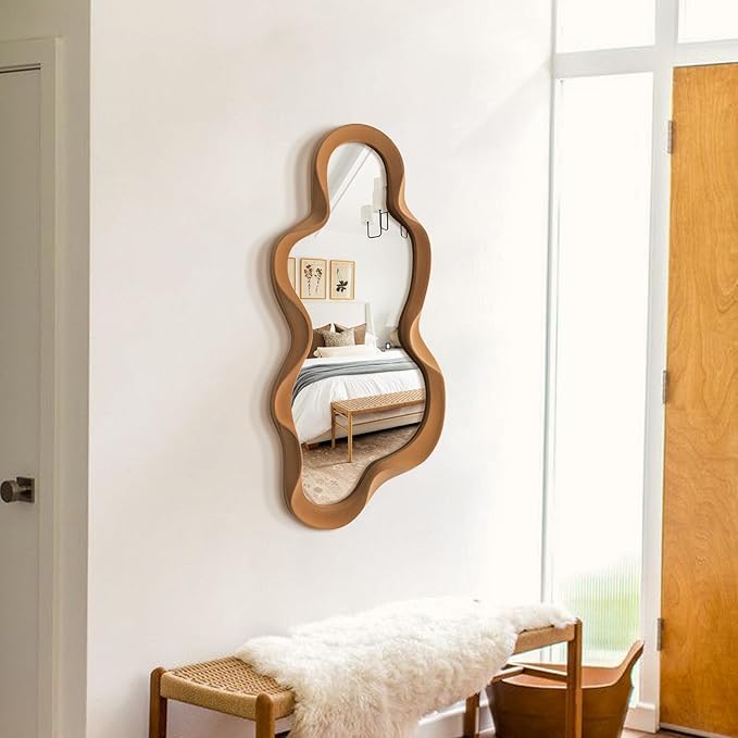 Wavy Mirror Wall Decor for Girly Bedroom, 13.8x29.9 Cute Abstract Decorative Mirrors for Modern Apartment Nursery Room Decoration, Large Hanging Wall Art Above Dresser Desk Table Decor (Brown)