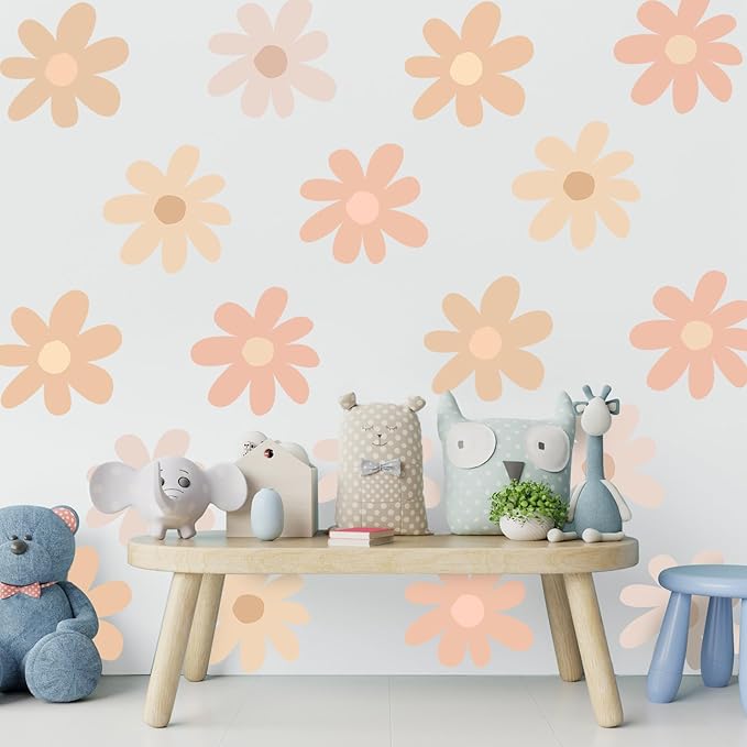 TaoBary 12 Sheet Daisy Wall Sticker Decal Removable Cute Daisy Bedroom Room Decor Flower Wall Sticker Pink White Flower Decal Wallpaper Peel and Stick for Nursery Home(Light Color,Bobo Style)