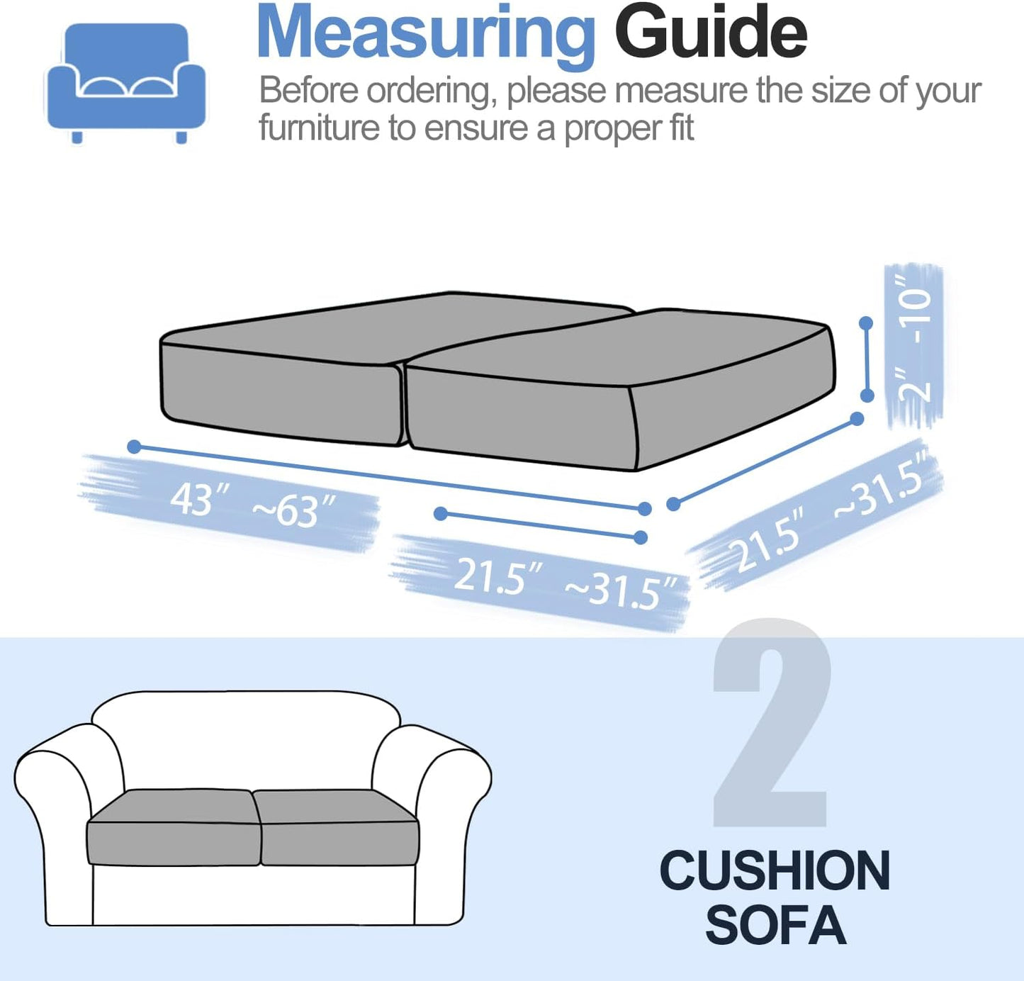 Couch Cushion Covers Individual Large Super Stretch Chenille (Softer Version) Sofa Cushion Covers, Couch Seat Covers Couch Slipcovers Furniture Protector (2 Piece, Light Grey)