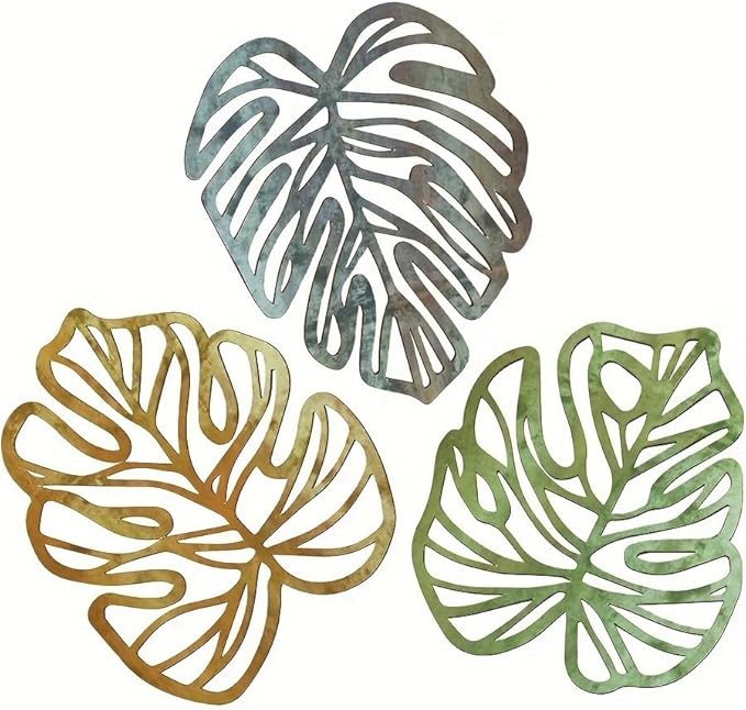 Palm Leaves Wood Wall Decor , 3Pcs Tropical Wall Art Jungle Decor, Wooden Natural Leaves Plant Wall Decor, Vintage Tropical Plant Plaque for Home Living Room Kitchen Bedroom Bathroom & Garden, Yellow&Blue&Green