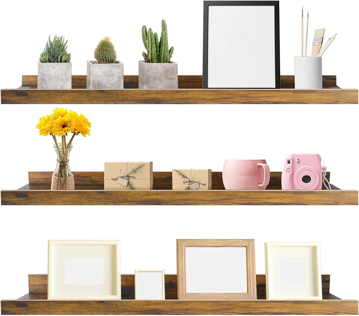 Giftgarden 36 Inch Large Floating Shelves for Wall Set of 3, Rustic Picture Ledge Wall Shelf for Bedroom Kitchen Bathroom Living Room Nursery Display, 3 Different Sizes