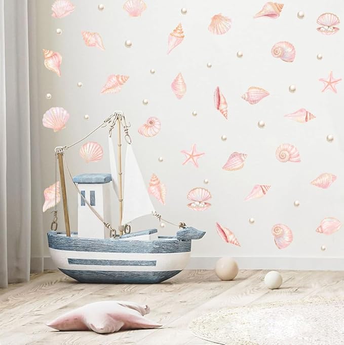 Pink Shell Wall Decal, Watercolor Under The Sea Shell Vinyl Wall Stickers, Removable Ocean Themed Seashell Artwork for Girls Bedroom Kids Room Bathroom Decor