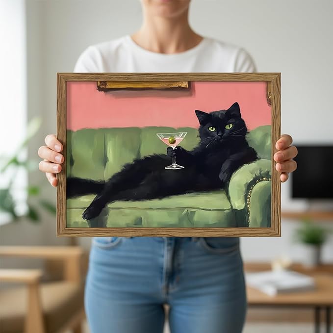 Funny Black Cat Martini Wall Art Eclectic Whimsical Cat Wall Decor Cocktail Bar Cart Painting Canvas Print Cute Animal Pictures for Bedroom Living Room Kitchen 8x10 inch Wood Framed