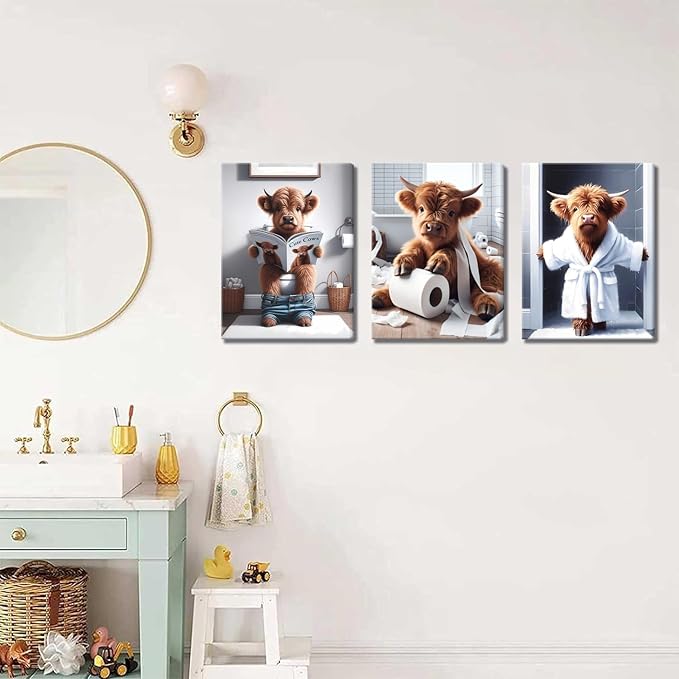Funny Bathroom Highland Cow Wall Art Set of 3, Brown Cute Cow Animal Canvas Posters Prints Wall Decor, Vintage Rustic Farmhouse Home Painting Pictures for Kids Room Restroom Framed 12x16 Inch