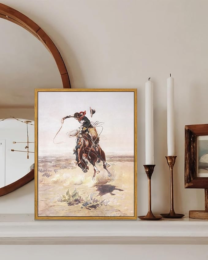 KBKBART Vintage Southwest Framed Canvas Wall Art, Western Art Prints Wall Decor, Western Cowboy Pictures Southwestern Artwork Prints Farmhouse Wall Decor for Western Bedroom Bathroom Decor (12"x16")