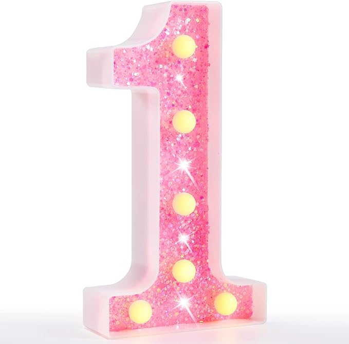 Pooqla Marquee Numbers Lights, light up Numbers Battery Powered, Glitter Lighted Numbers for Girls 1st Birthday Party, Shiny LED Numbers for Christmas Wedding Home Bar Decoration, Pink Number 1