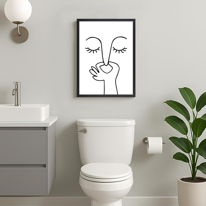 IAFWZX Wood Framed Funny Bathroom Wall Art, Abstract Humor Toilet Wall Decor, Minimalist Face Line Canvas Painting, Modern Black and White Bathroom Poster Print for Restroom Guest Bedroom 16"x24"
