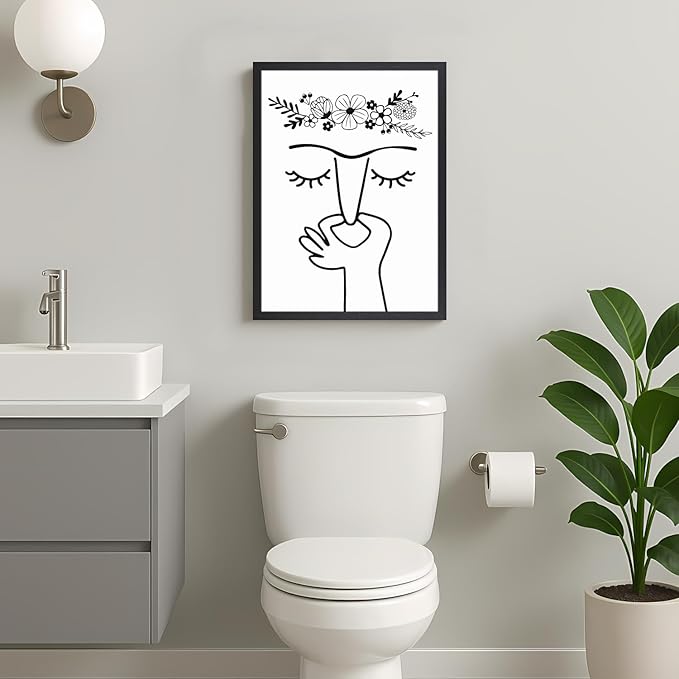 IAFWZX Wood Framed Funny Bathroom Wall Art, Black and White Humor Toilet Wall Decor, Minimalist Face Line with Flower Crown Canvas Painting, Modern Abstract Poster Print for Restroom Bedroom 12"x16"