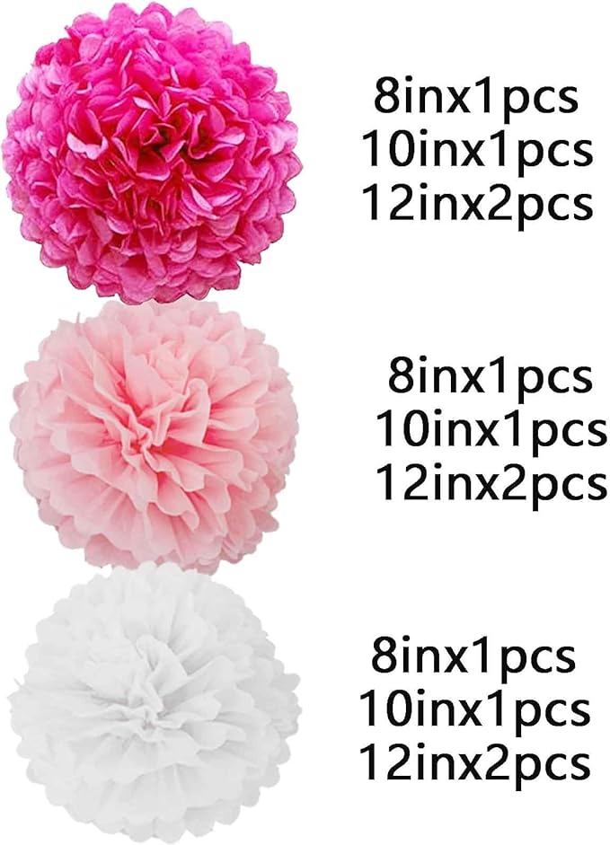 We Moment Rose Red and Pink White Paper Flowers Decorations for Pink Party Baby Shower Ceiling Wall Hanging Tissue Pom Poms 12pcs 3 Colors