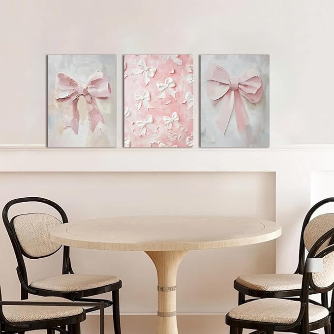 Pink Bow Canvas Wall Art Set of 3 Coquette Oil Painting Cute Bow Posters Wall Decor Trendy Preppy Print Picture for Back to School Bedroom Bathroom College Dorm 16x24 In Framed