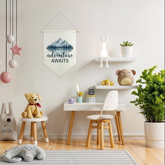 AGMDESIGN Adventure Awaits Canvas Hanging Pennant Flag Banner, Adventure Nursery Decor, Home Office School Classroom Kids Room Playroom Nursery Bedroom Camper Flag Decor, Boy Room Wall Decor