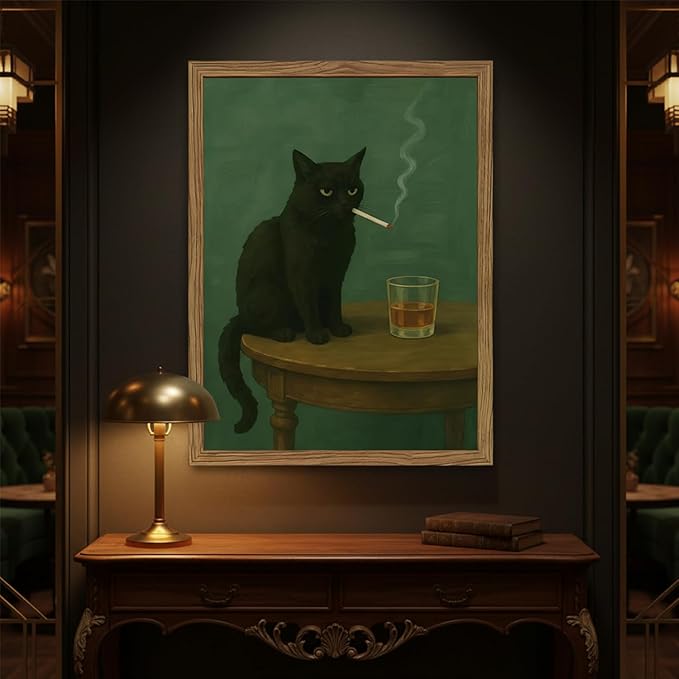 Funny Black Cat Wall Art Framed Vintage Moody Cat Canvas Prints Wall Decor Whimsical Cool Animal Paintings Pictures for Living Room Bedroom Bathroom Bar 8x10in