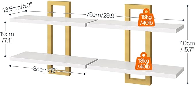 HOOBRO Floating Shelves, 15 Inch Wall Shelf Set of 2, Wall Mounted Storage Shelves 2-Tier, Hanging Bathroom Shelves, for Living Room, Bedroom, Bathroom, Kitchen, White and Gold DW32BJ01