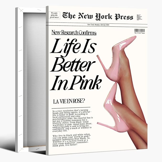 Trendy Baby Pink Poster 70s Canvas Prints The New York Press Wall Art Life Is Better in Pink Hot Girl Posters Preppy Aesthetic Decor Bedroom for Cool Girly Room Home Dorm 12x16inch Framed