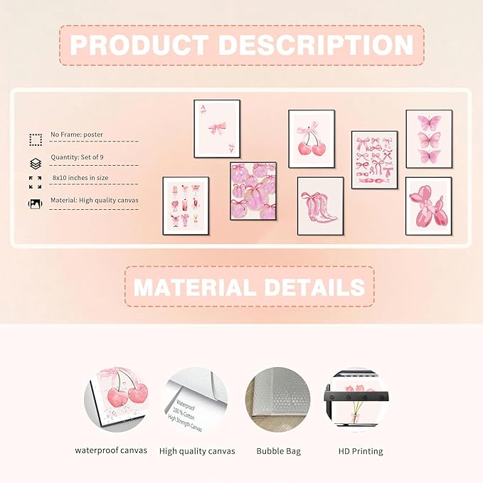 Ucninvd Pink Bow Wall Art Posters Set of 9 Trendy Coquette Preppy Wall Decor Paintings Disco Ball Girly Room Decor Aesthetic Canvas Pictures Prints for Bathroom Living Room Dorm 8x10Inch Unframed