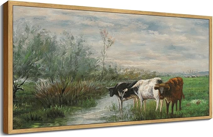 SHENIFY 20x40in Extra Large Vintage Framed Wall Art Cow Farm Landscape Painting Retro Meadow Scenery Farmhouse Bedroom Above of Bed Living Room Decor - Natural Framed