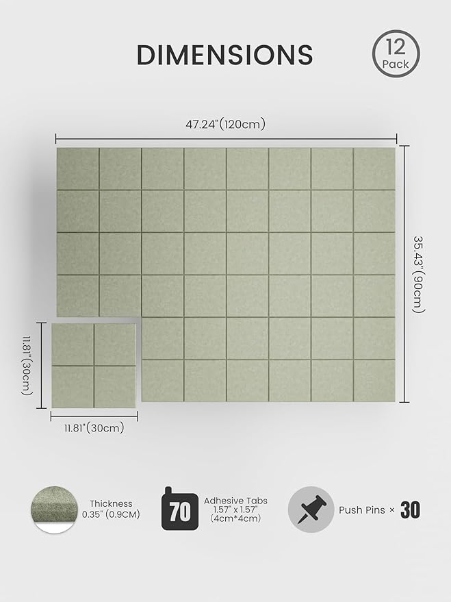 Bumusty Large Felt Bulletin Board, 48" x 36" Cork Board Alternative, 12-Pack Wall Tiles with 4-Compartment Design, 30 Push Pins, 70 Adhesive Tabs, Ideal for Office & Home Decor, Sage