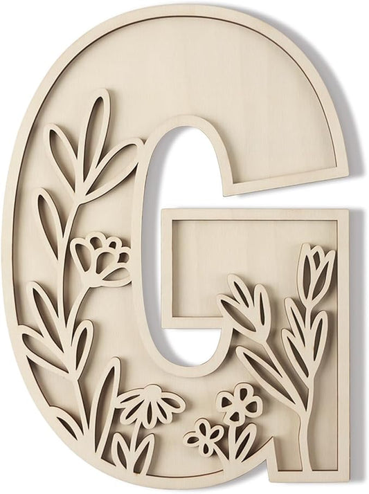 Layered 12 Inch Large Wooden Letters for Wall Decor, Flowered Paintable Wooden Nursery Letters for Crafts Wood Alphabet Letter G for Birthday Boho Nursery Name Sign Wedding Home Decoration
