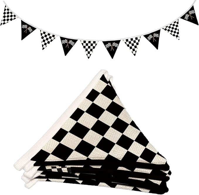 Lacama Car Room Decor,Boys Room Wall Art Decor for Toddler Nursery Playroom, Black and White Checkered Garland Triangle Banners,Racing Flags Bunting Flags Fabric for Baby Shower Birthday Party，Kidroom