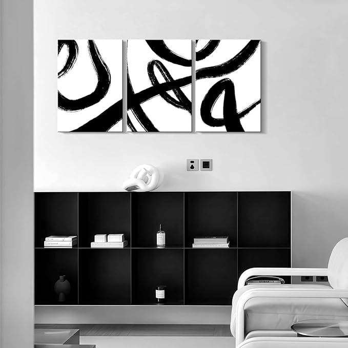 3Pcs Framed Abstract Black and White Canvas Wall Art Minimalist Brushstroke Line Prints Modern Home Gallery Style Picture Painting Posters Bedroom Living Room Office 12x16 Inch Ready to Hang