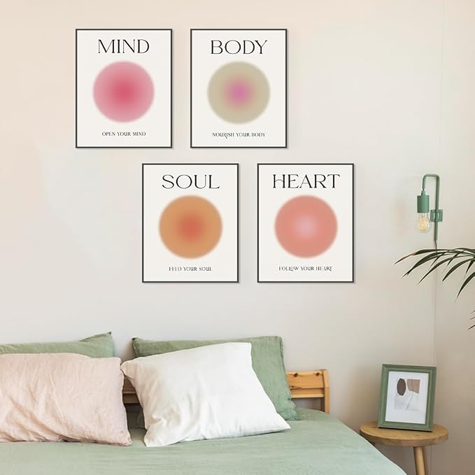 PLKMN Mind Body Soul Heart Wall Art Prints,Pink Energy Spiritual Positive Aura Posters For Room Aesthetic, Colorful Aura Poster Energy Wall Art for Bedroom Yoga 8x10 Inch Set of 4 Unframed