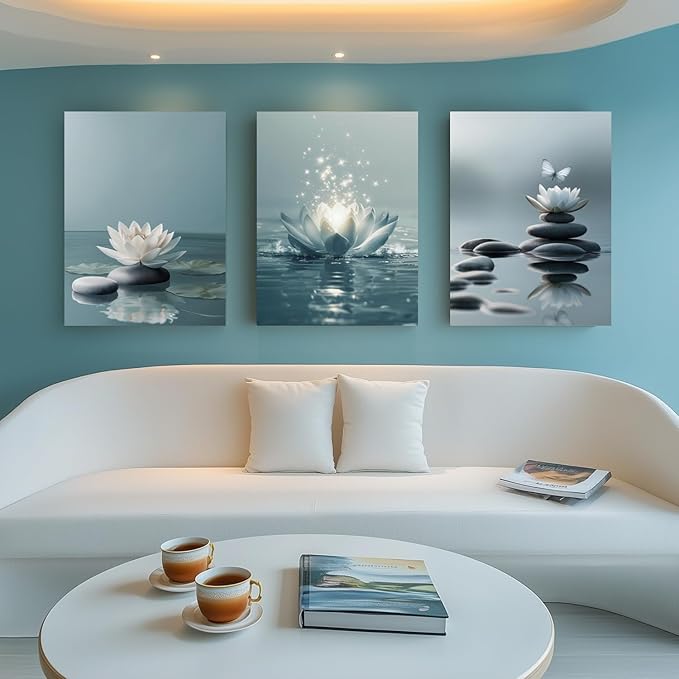 GELDSTEI Calm Zen Botanical Canvas Wall Art, White Lotus Blooming on Stones in Water Aesthetic Pictures, Yoga Spa Meditation Room Decor, Modern Spiritual Poster Prints for Zen Office Framed Set of 3, Each 16x24 Inch