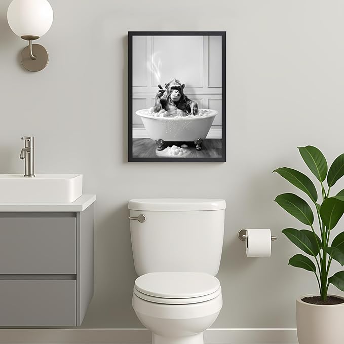 IAFWZX Wood Framed Funny Bathroom Wall Art, Black and White Chimpanzee in Bathtub Wall Decor, Cute Animal Wrapped Canvas Painting, Humor Gorilla Toilet Poster Print for Restroom Guest Bedroom 12"x16"