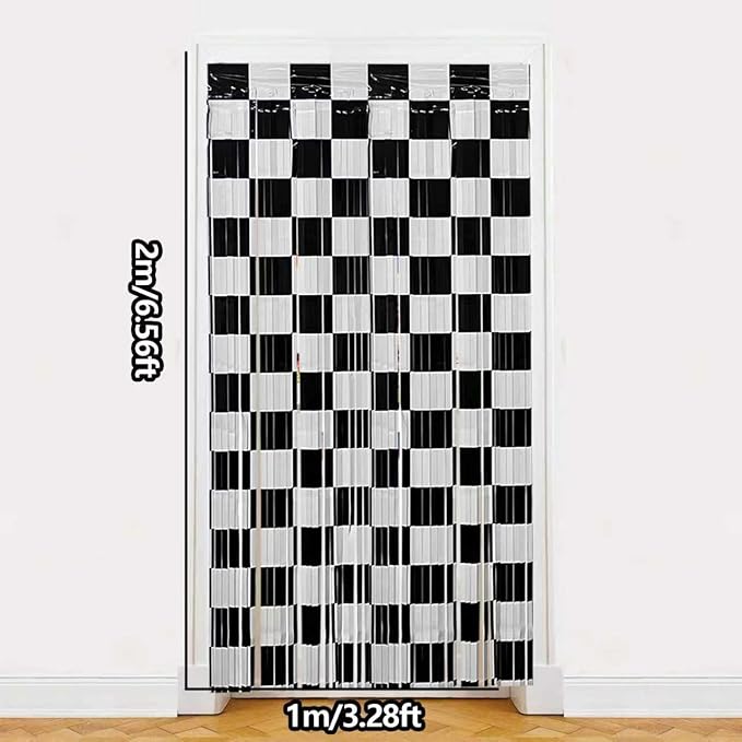 Race Car Birthday Party Streamers Backdrops Decorations, 2 Pcs Checkered Black White Foil Fringe Curtain with Racing Banner Photo Booth Props for Racing Cars One Happy Dude Party Decor Supplies