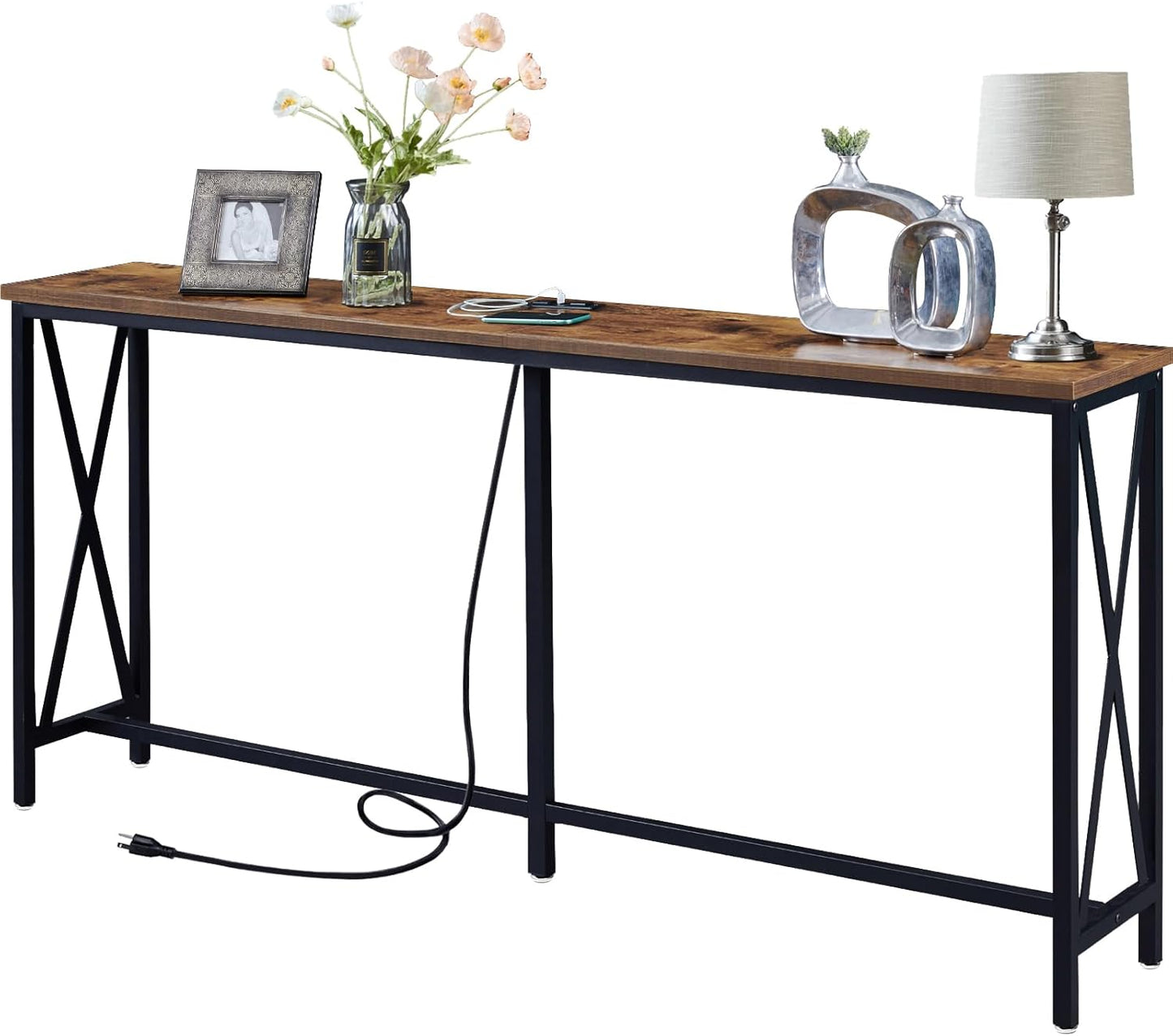 SUPERJARE 70 Inch Console Table with Outlets and USB-C Port, Extra Long Behind Couch Sofa Table with X-Shaped Design, Narrow for Entryway, Living Room, Metal Frame, Wooden Top, Rustic Brown