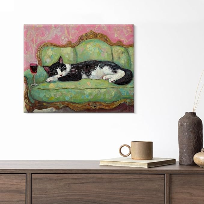 Fun Cat Wall Art Decor Cute Cat on Couch Quirky Canvas Print Poster Trendy Framed Painting Wall Decorations for Dining Room Living Room 8x10 Inch
