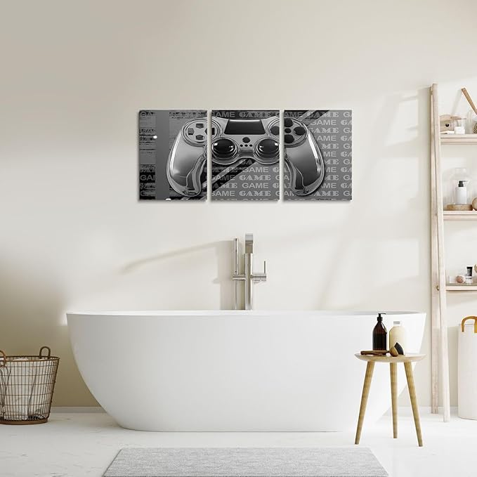 Feelyou Gamer Canvas Wall Art 12" x 16" 3 Piece Game Controller Office Wall Artwork Posters for Teens Adults Gaming Gifts Bathroom Wall Art for Home Gamepad Grey and Black Wall Painting
